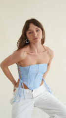 Blue Side Lace Up Strapless Top