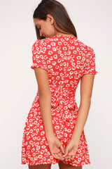 Red Floral V Neckline Mini Dress