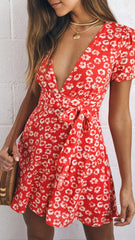 Red Floral V Neckline Mini Dress