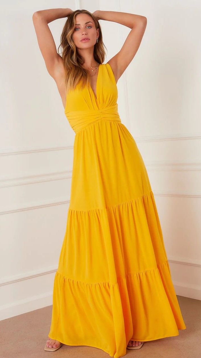 Yellow V Neck Maxi Dress