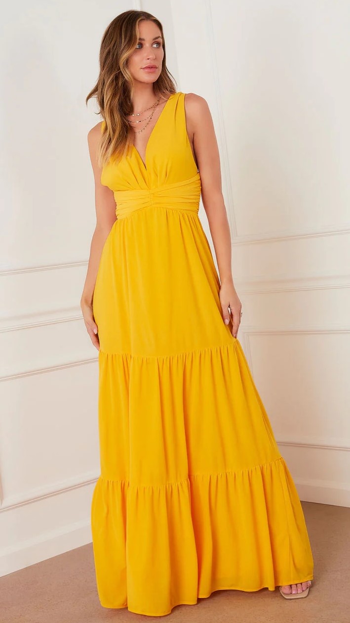 Yellow V Neck Maxi Dress