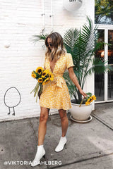 Yellow Floral V Neckline Mini Dress