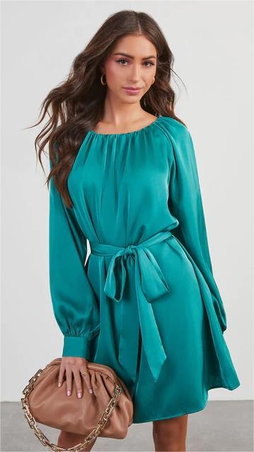 Teal Long Sleeves Mini Dress