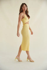 Yellow Ribbed Knit Midi Skirt