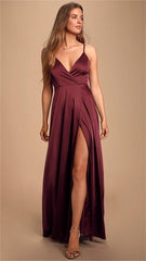 Burgundy Satin High Slit Midi Dress