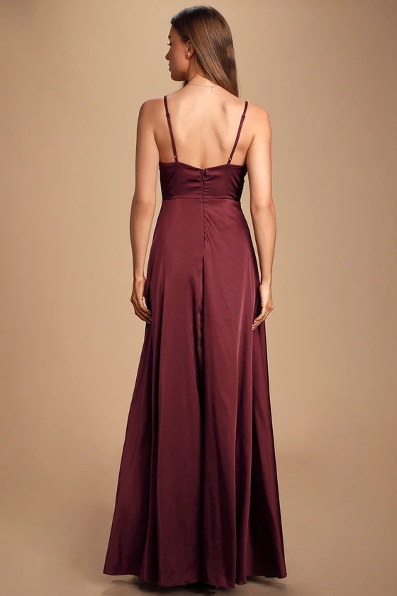 Burgundy Satin High Slit Midi Dress