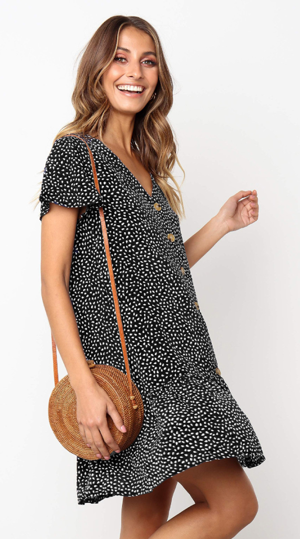 Black Dot Button Up Short Sleeve Dress