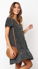 Black Dot Button Up Short Sleeve Dress