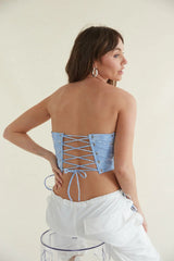 Blue Side Lace Up Strapless Top