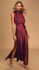 Burgundy Sleeveless Satin Midi Dress