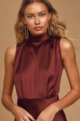 Burgundy Sleeveless Satin Midi Dress