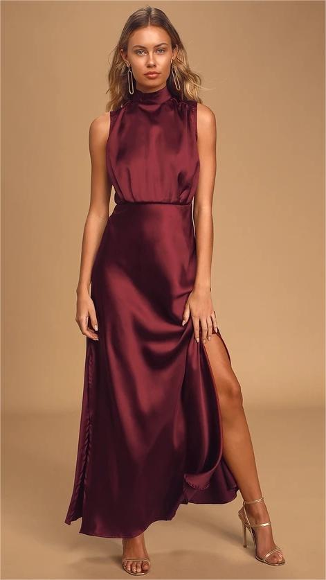 Burgundy Sleeveless Satin Midi Dress