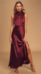 Burgundy Sleeveless Satin Midi Dress