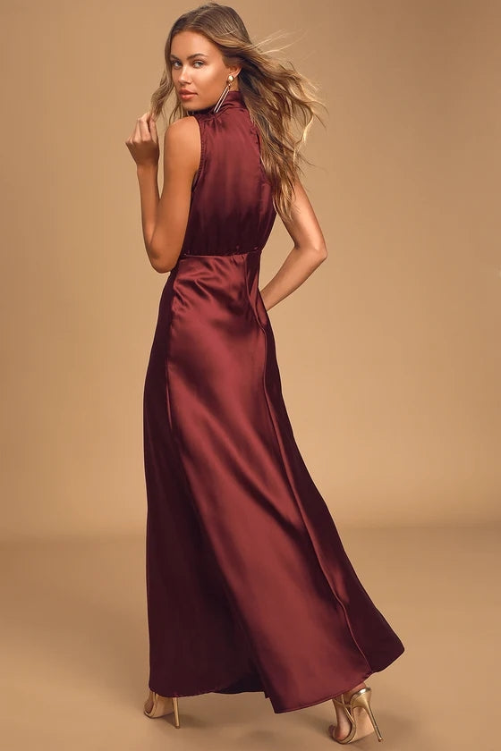 Burgundy Sleeveless Satin Midi Dress