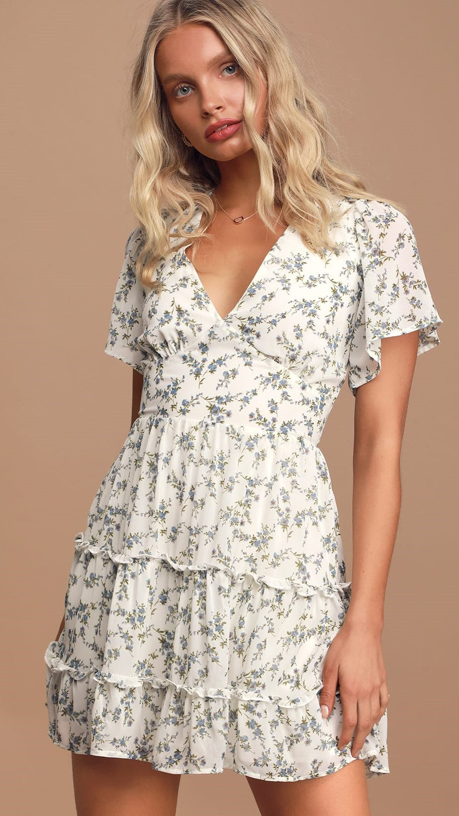 White Floral V Neckline Mini Dress