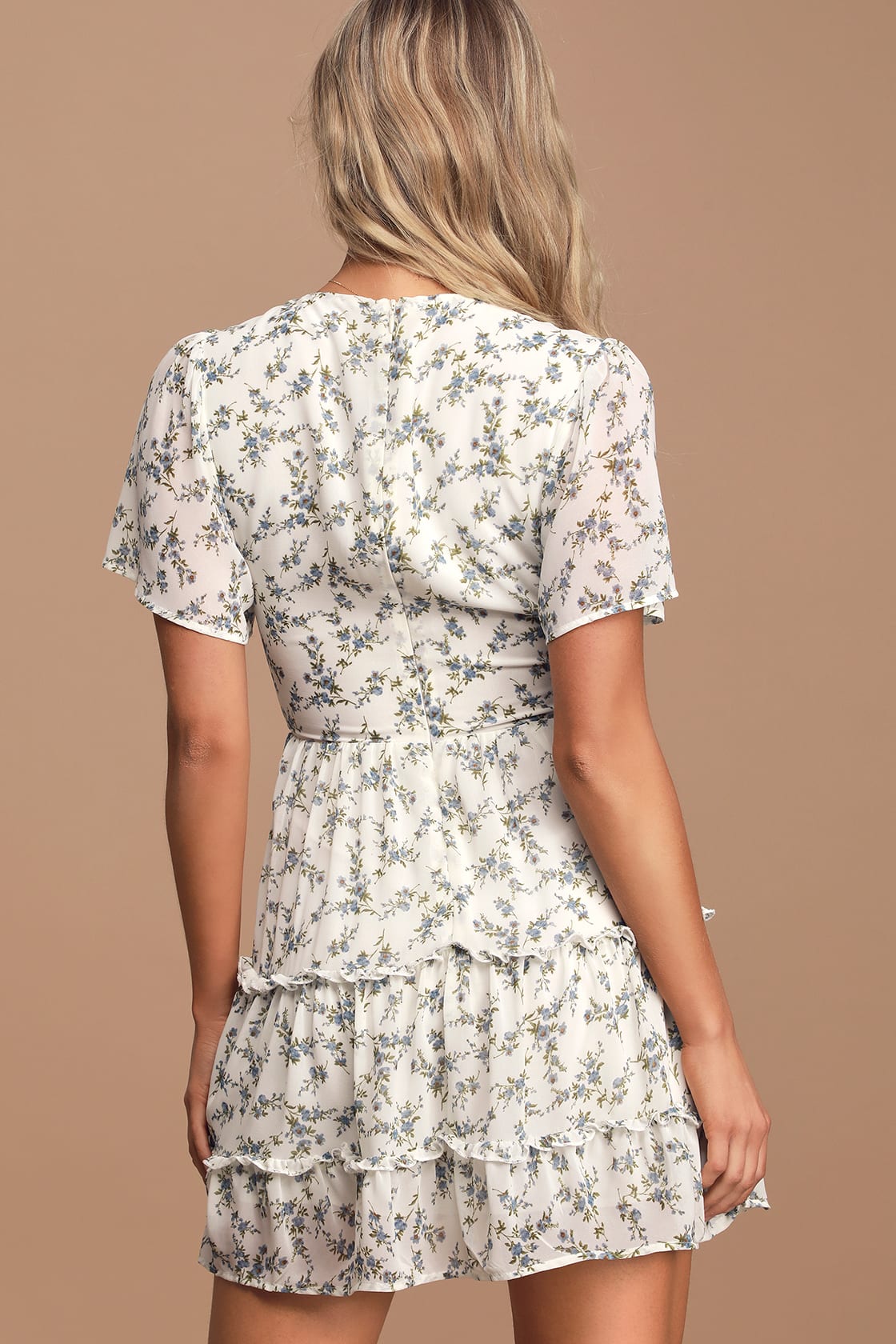 White Floral V Neckline Mini Dress