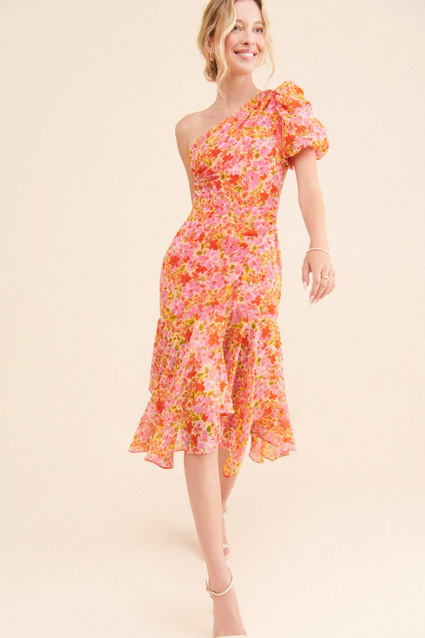 Orange Floral One Shoulder Midi Dress