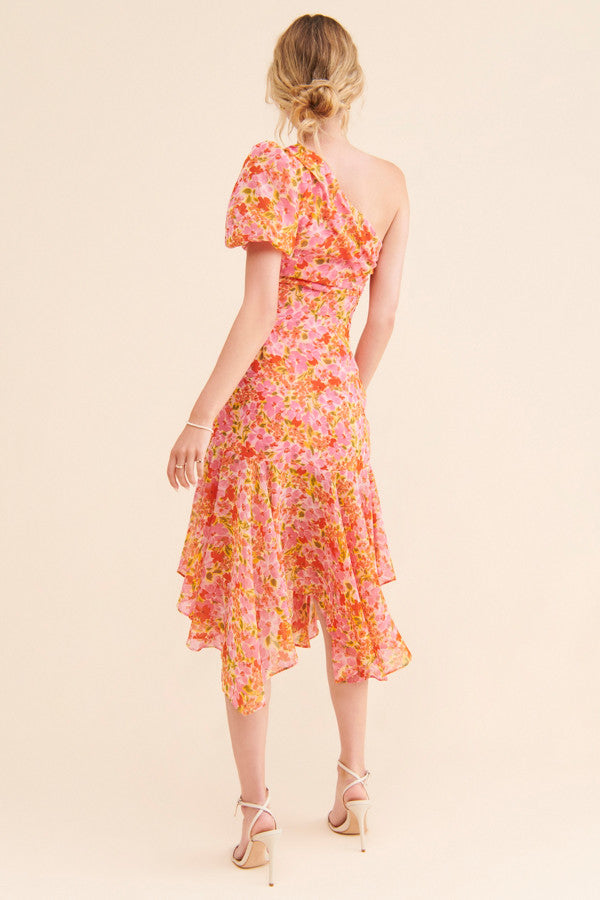 Orange Floral One Shoulder Midi Dress