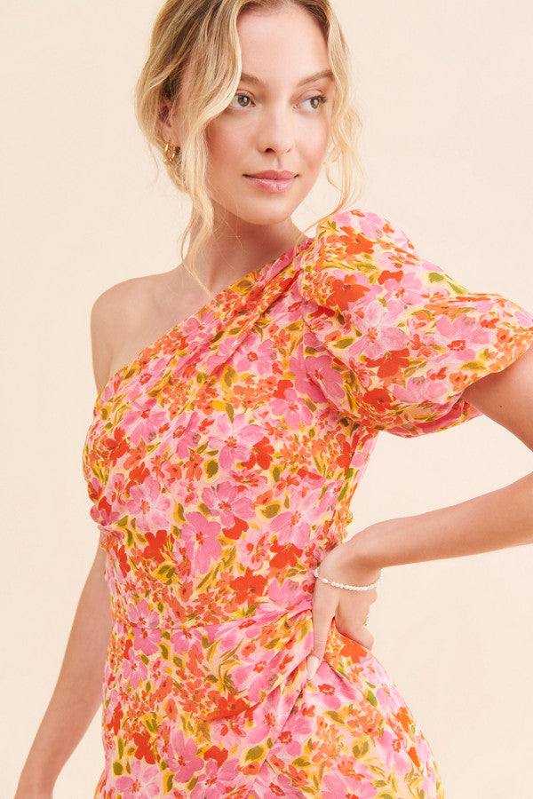 Orange Floral One Shoulder Midi Dress