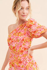 Orange Floral One Shoulder Midi Dress