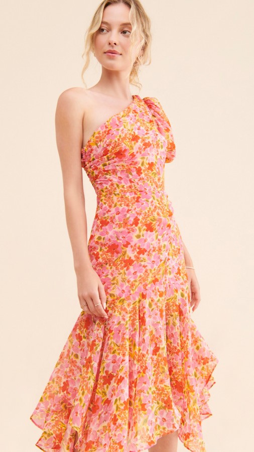 Orange Floral One Shoulder Midi Dress