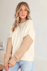White Beige Colorblock Knit Sweater