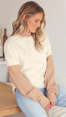 White Beige Colorblock Knit Sweater