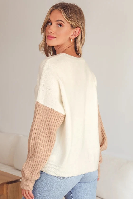 White Beige Colorblock Knit Sweater