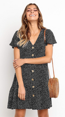 Black Dot Button Up Short Sleeve Dress