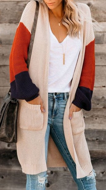 Color Block Knit Long Cardigan