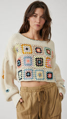 Boho Floral Knit Crop Sweater