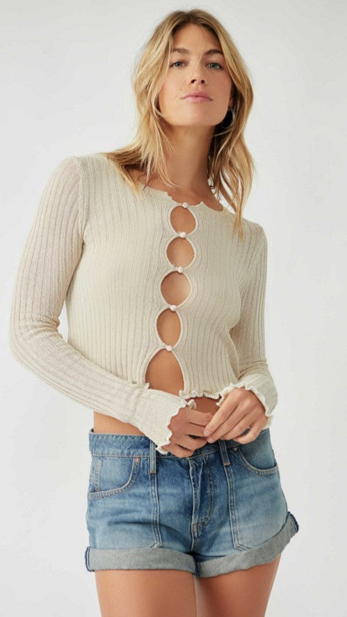 Beige Cutout Ribbed Knit Top