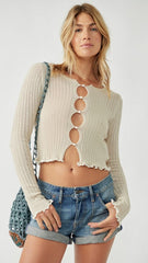 Beige Cutout Ribbed Knit Top