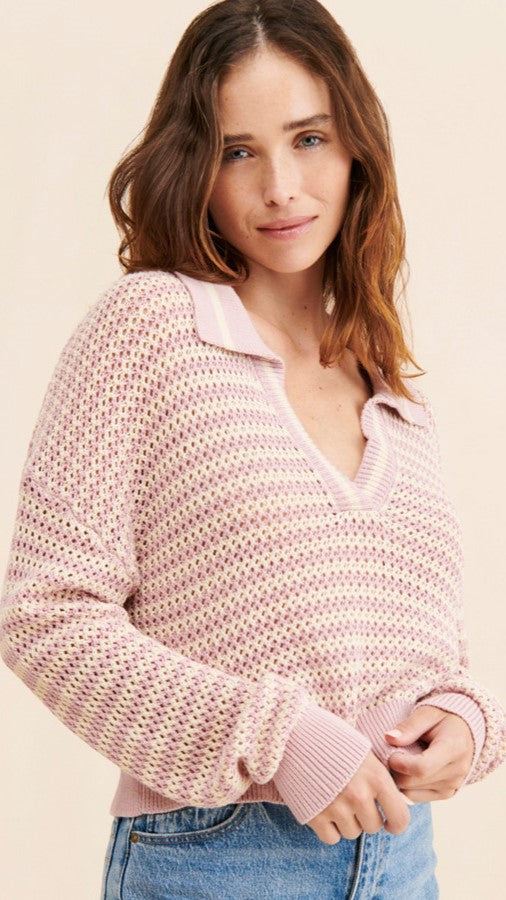 Pink Striped Knit Crop Sweater