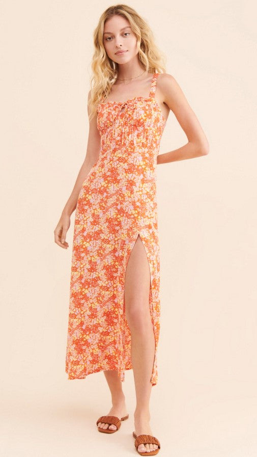 Orange Floral Sleeveless Midi Dress