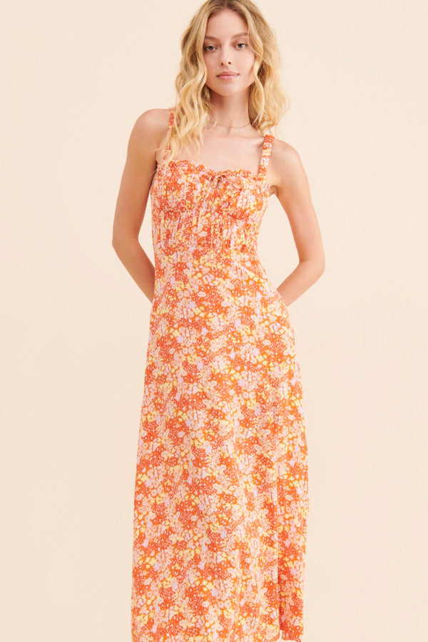 Orange Floral Sleeveless Midi Dress