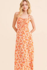 Orange Floral Sleeveless Midi Dress