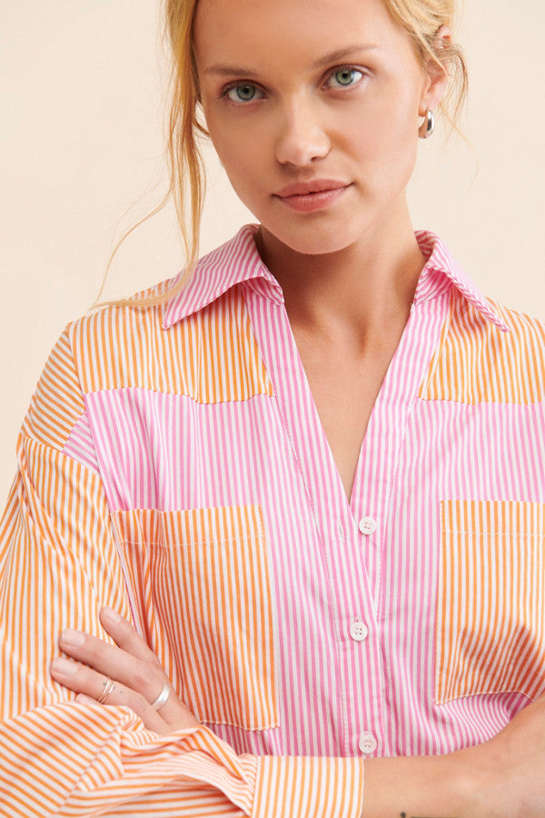 Colorblock Striped Button Down Shirt