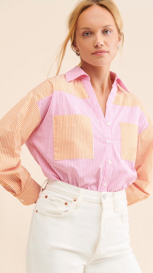 Colorblock Striped Button Down Shirt