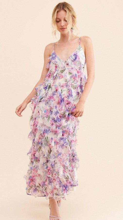 Purple Floral Ruffle Tiered Midi Dress