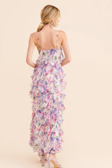 Purple Floral Ruffle Tiered Midi Dress
