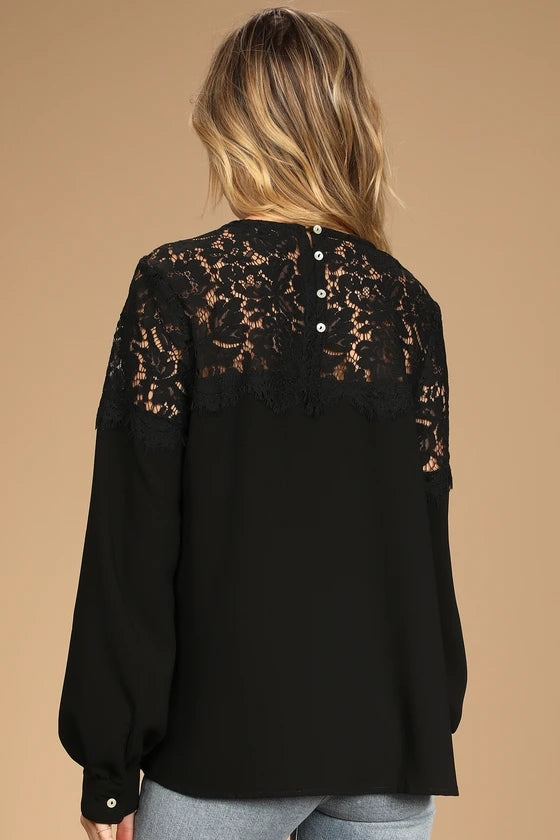 Black Crochet Lace Yoke Top