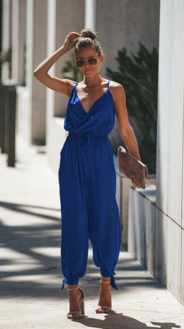 Royal Blue Surplice V Neck High Slits Jumpsuits