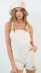 Cream Denim Distressed Shorts Overalls