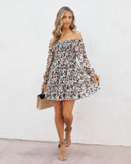 Black Floral Long Sleeves Mini Dress