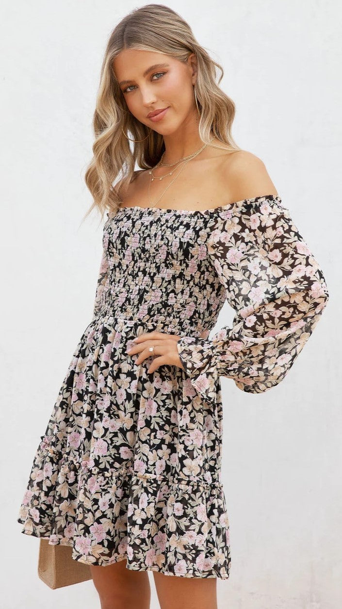 Black Floral Long Sleeves Mini Dress