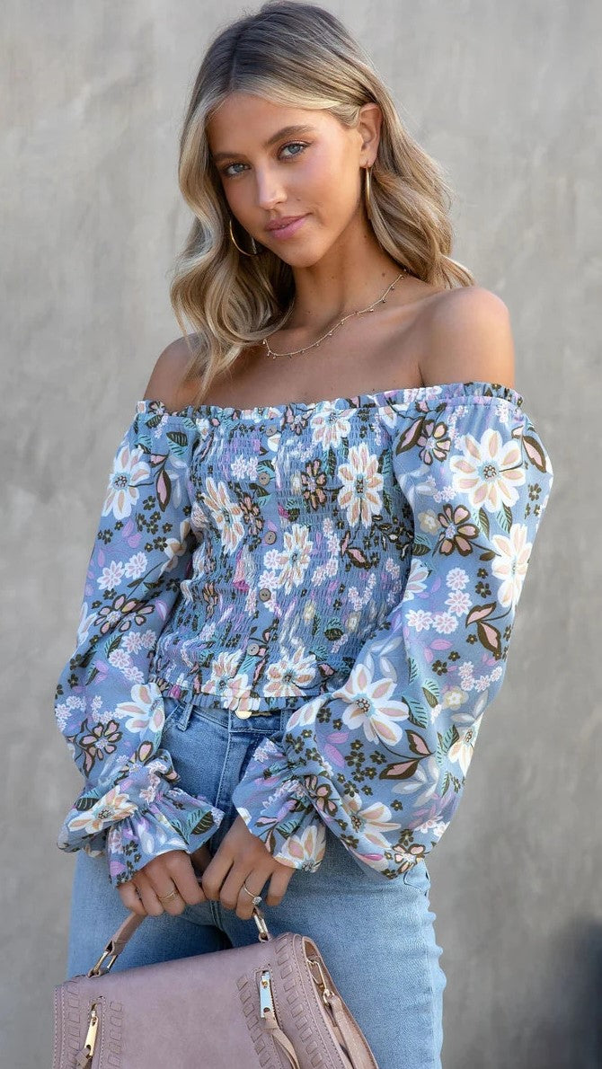 Blue Floral Smocked Crop Top