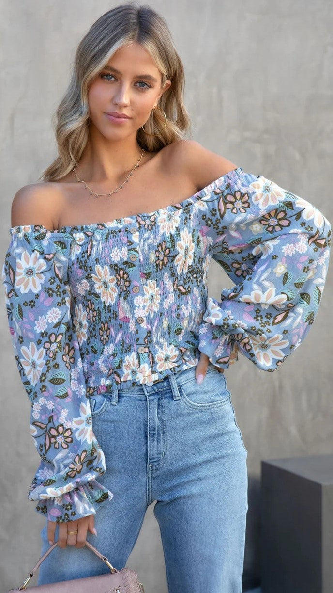 Blue Floral Smocked Crop Top