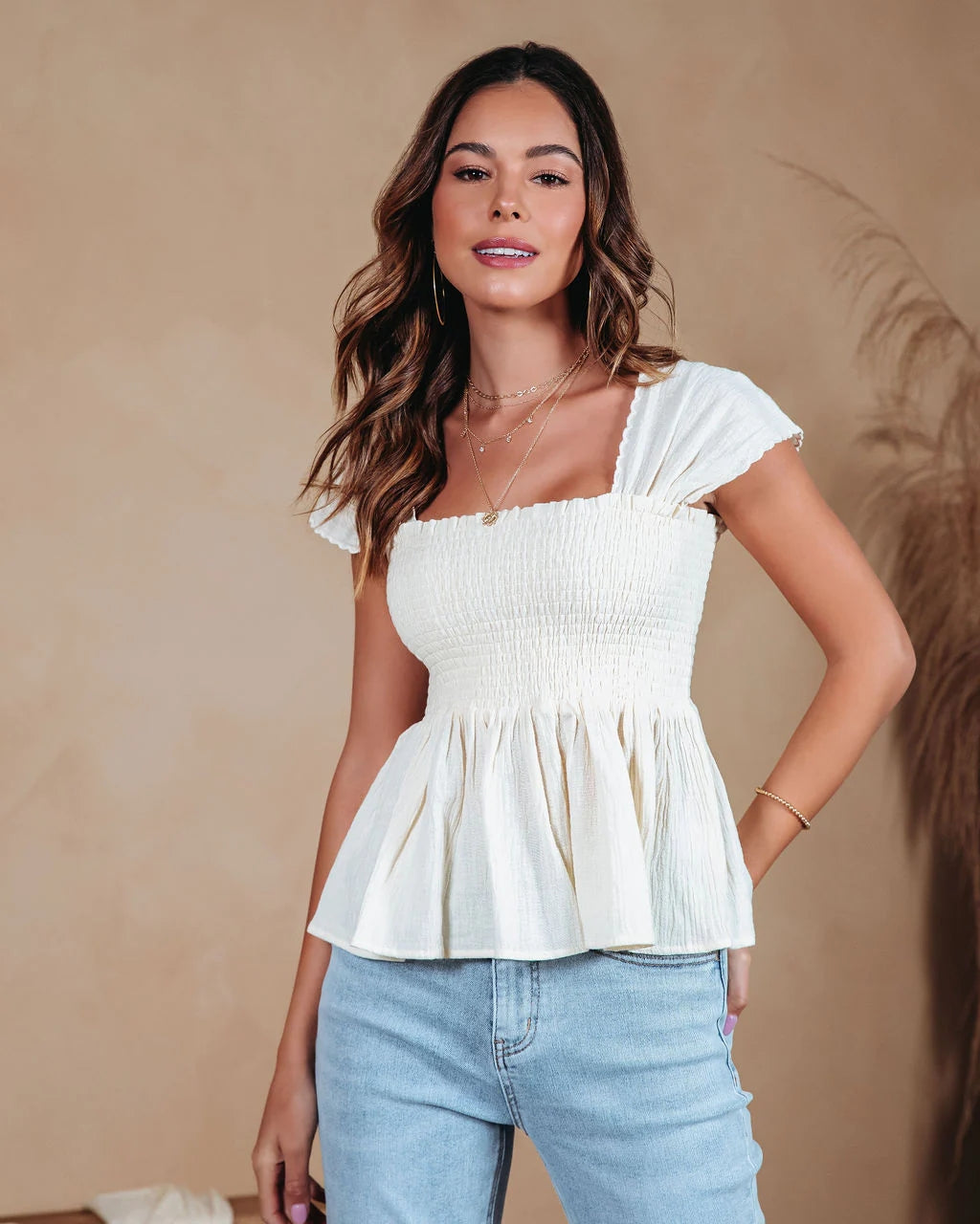 Cream Smocked Peplum Top