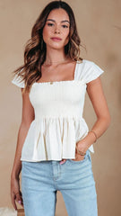 Cream Smocked Peplum Top